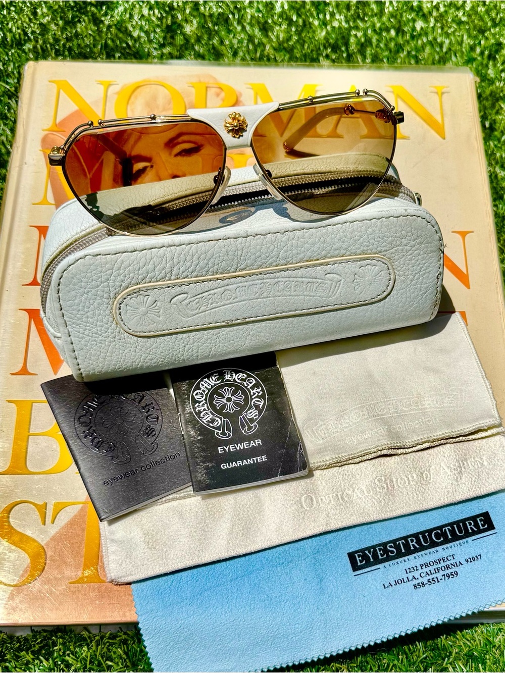 Chrome Hearts KUFANNAW II Aviator Sunglasses White Leather Gold Cross
